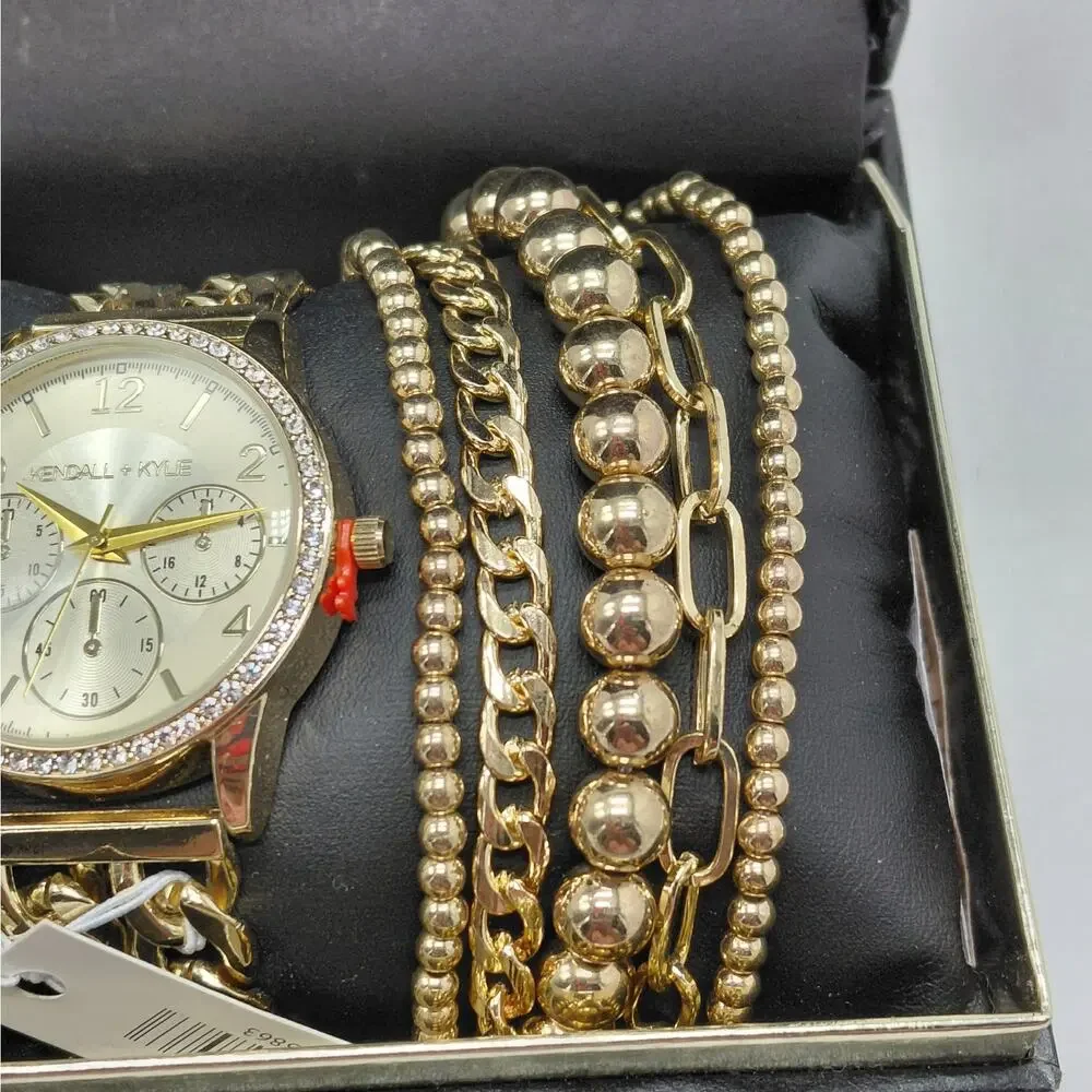 Kendall + Kylie Womens Gold Tone Watch Bracelet Set Crystal Bezel Gift Jewelry